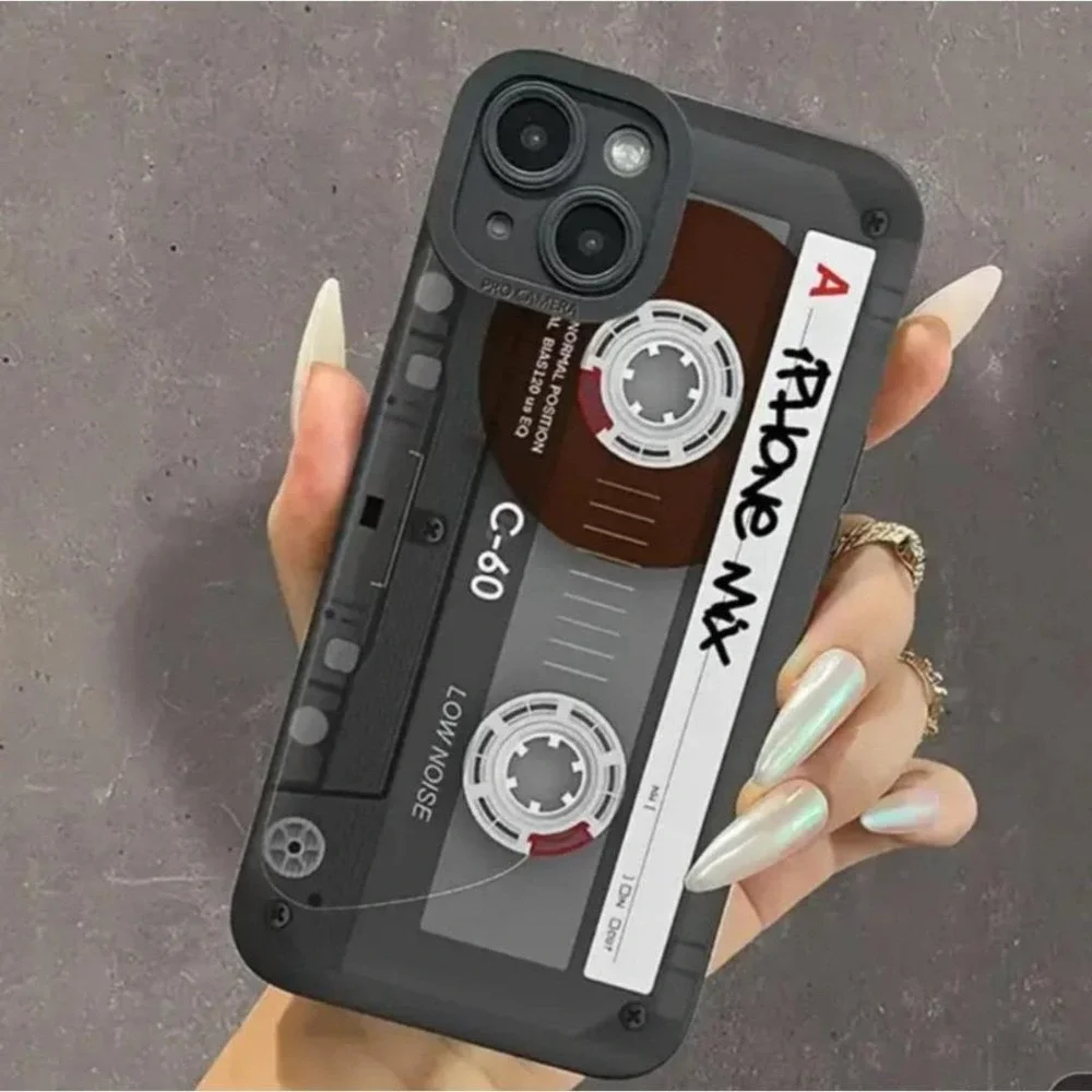 iPhone 14 Pro Case Cassette‎ Tape Mix Design Black Clear Protective Cover